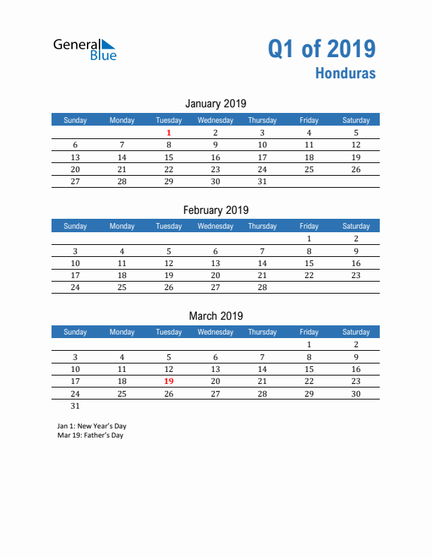 Honduras Q1 2019 Quarterly Calendar with Sunday Start