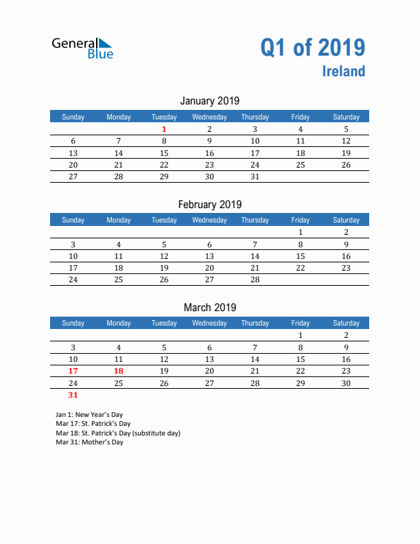 Ireland Q1 2019 Quarterly Calendar with Sunday Start