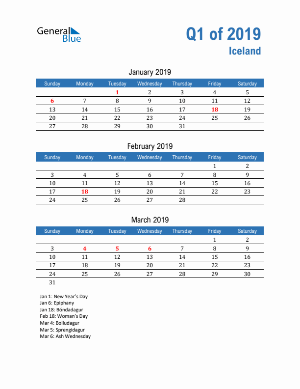 Iceland Q1 2019 Quarterly Calendar with Sunday Start