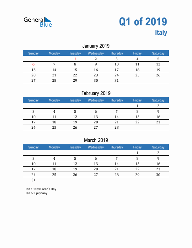 Italy Q1 2019 Quarterly Calendar with Sunday Start