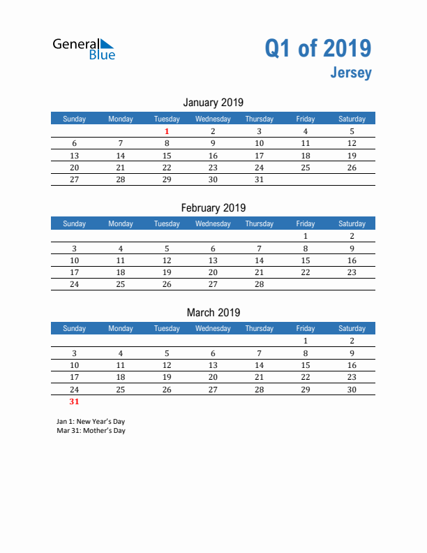 Jersey Q1 2019 Quarterly Calendar with Sunday Start