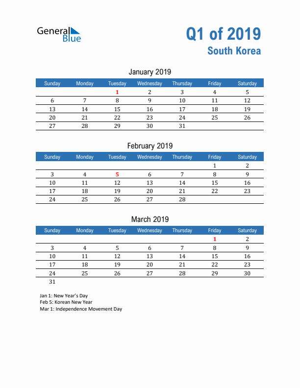 South Korea Q1 2019 Quarterly Calendar with Sunday Start