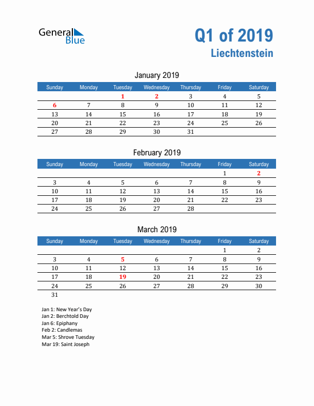 Liechtenstein Q1 2019 Quarterly Calendar with Sunday Start