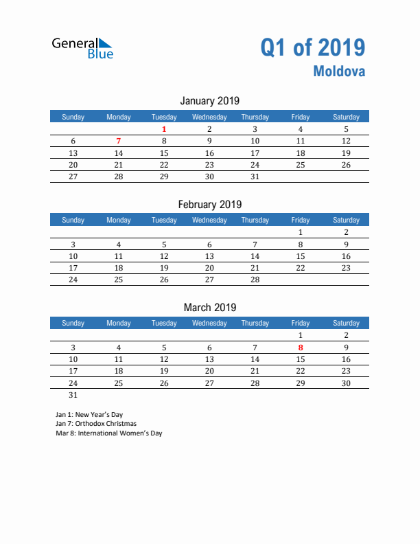 Moldova Q1 2019 Quarterly Calendar with Sunday Start