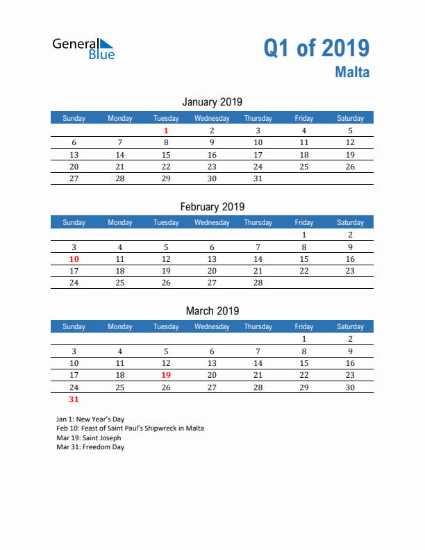 Malta Q1 2019 Quarterly Calendar with Sunday Start