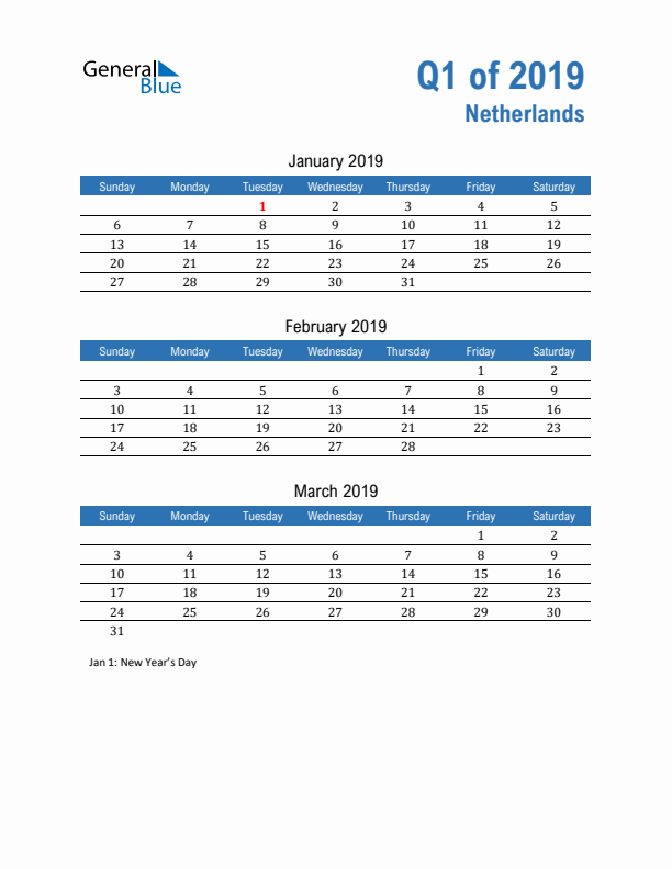 The Netherlands Q1 2019 Quarterly Calendar with Sunday Start