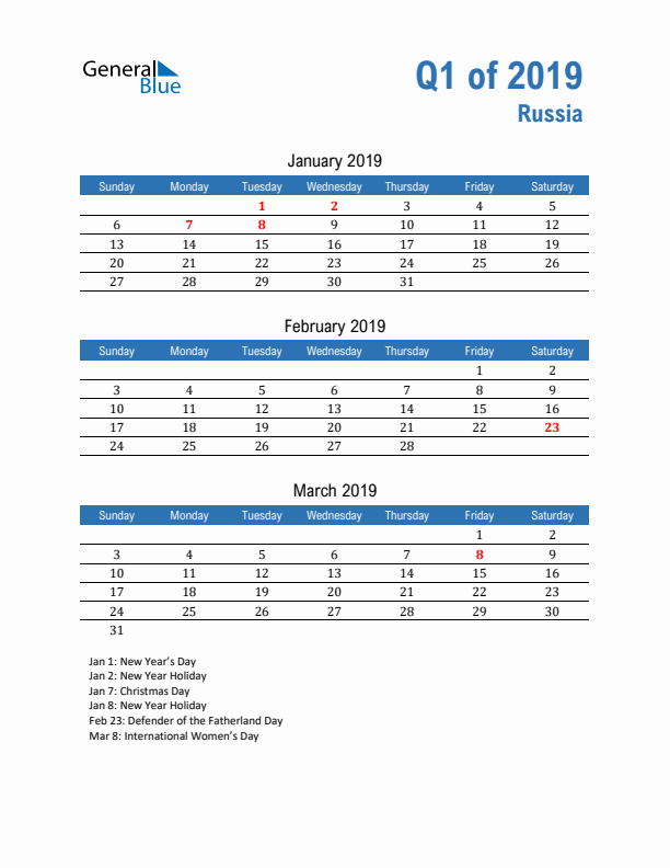 Russia Q1 2019 Quarterly Calendar with Sunday Start