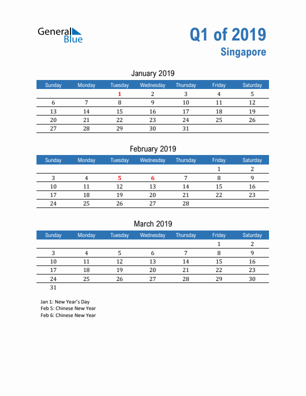 Singapore Q1 2019 Quarterly Calendar with Sunday Start