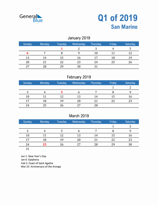 San Marino Q1 2019 Quarterly Calendar with Sunday Start