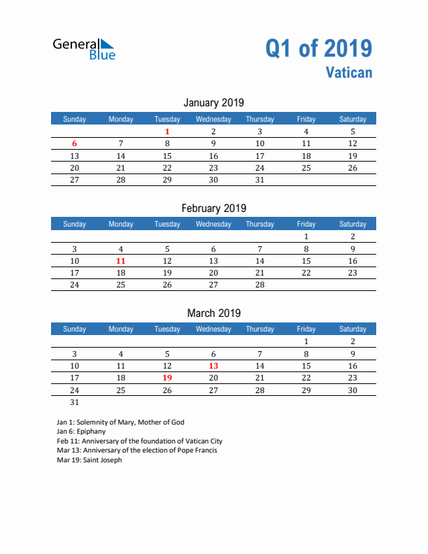 Vatican Q1 2019 Quarterly Calendar with Sunday Start