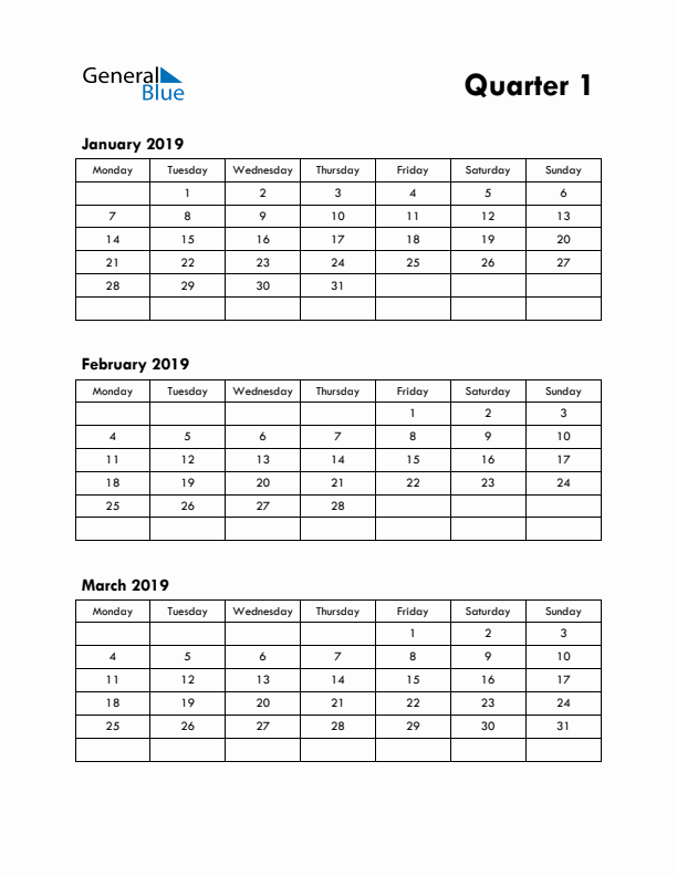 Quarter 1 2019 Calendar - Monday Start