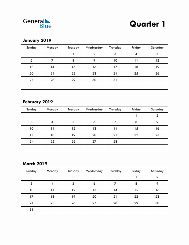 Quarter 1 2019 Calendar - Sunday Start