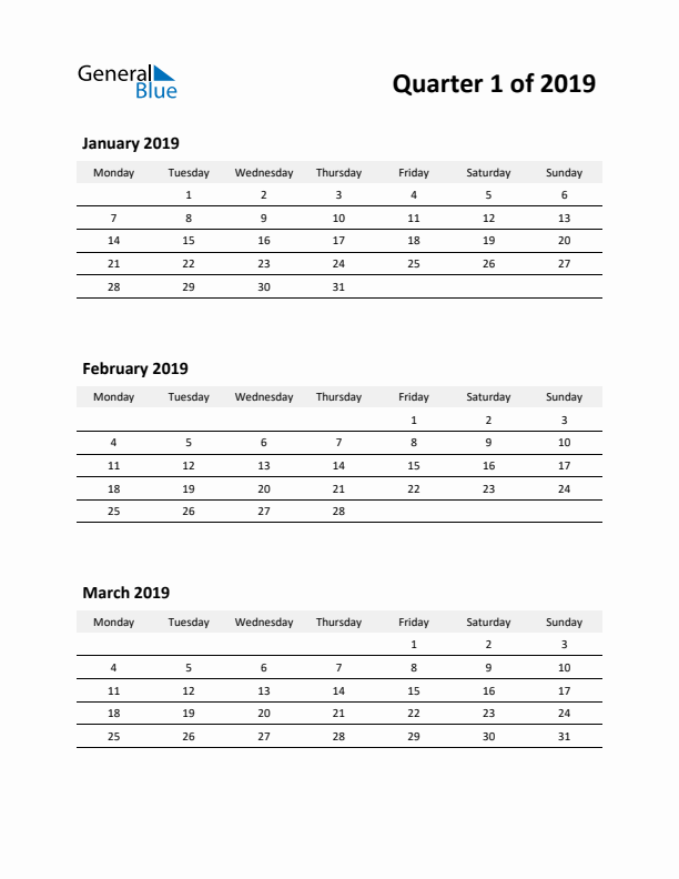 2019 Three-Month Calendar (Quarter 1)