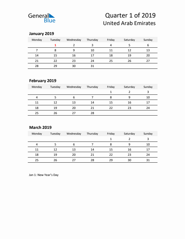 2019 Q1 Three-Month Calendar for United Arab Emirates