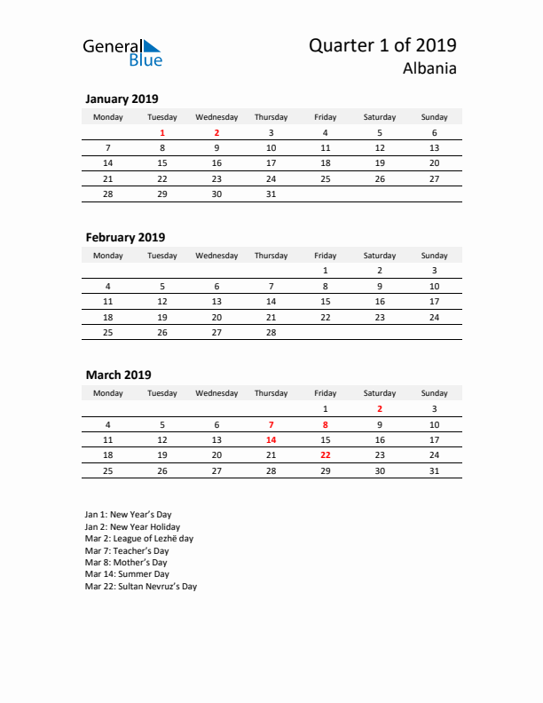 2019 Q1 Three-Month Calendar for Albania