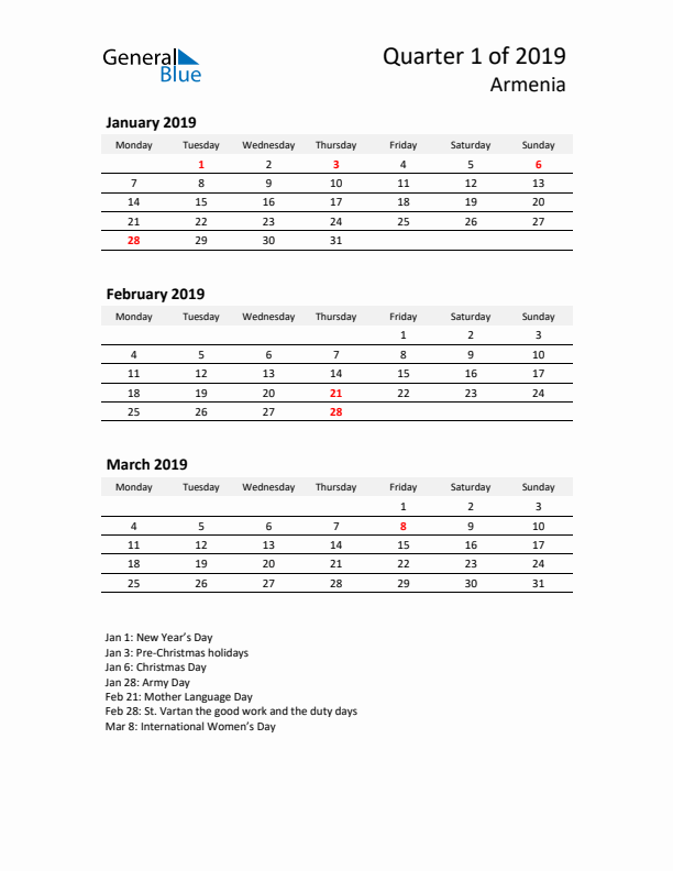 2019 Q1 Three-Month Calendar for Armenia