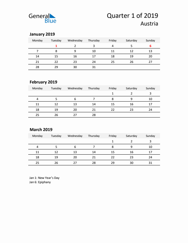 2019 Q1 Three-Month Calendar for Austria