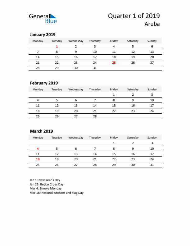 2019 Q1 Three-Month Calendar for Aruba