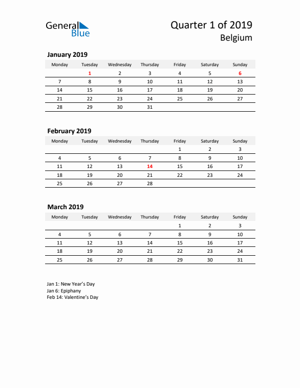 2019 Q1 Three-Month Calendar for Belgium