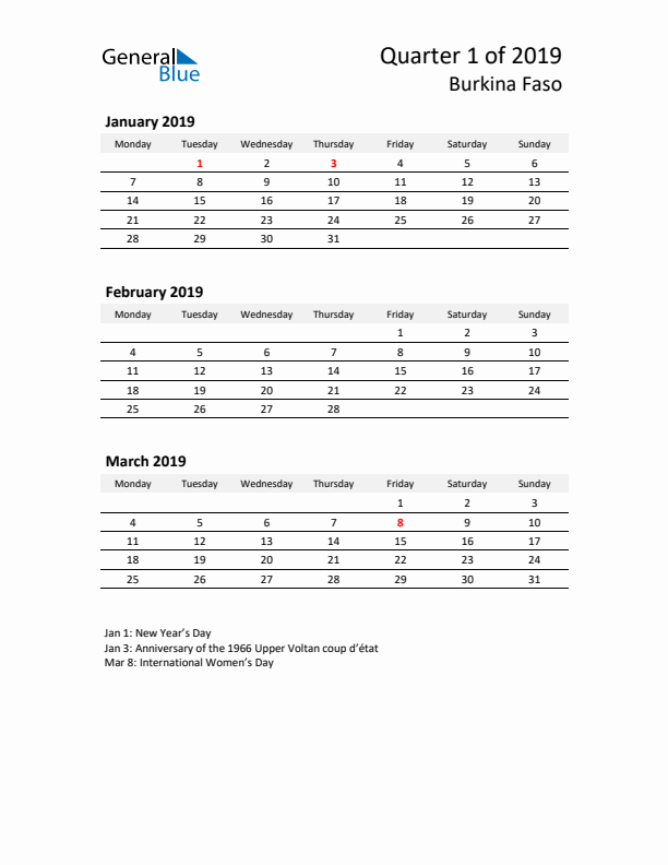 2019 Q1 Three-Month Calendar for Burkina Faso