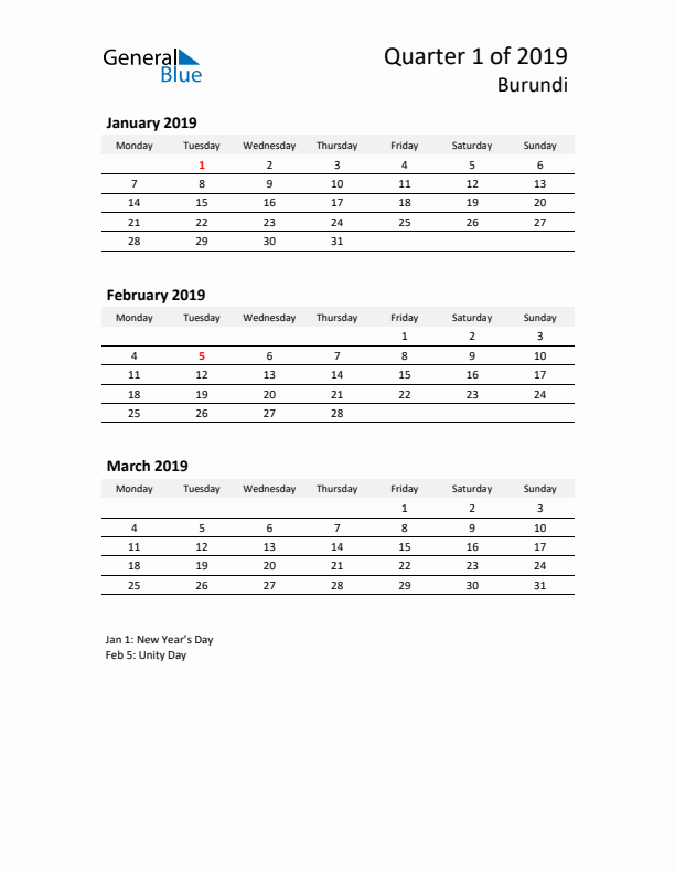 2019 Q1 Three-Month Calendar for Burundi