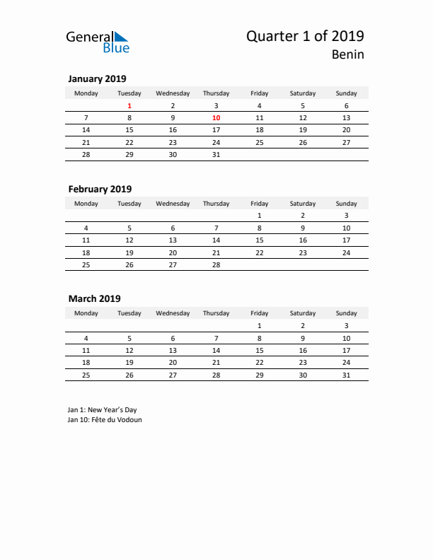 2019 Q1 Three-Month Calendar for Benin