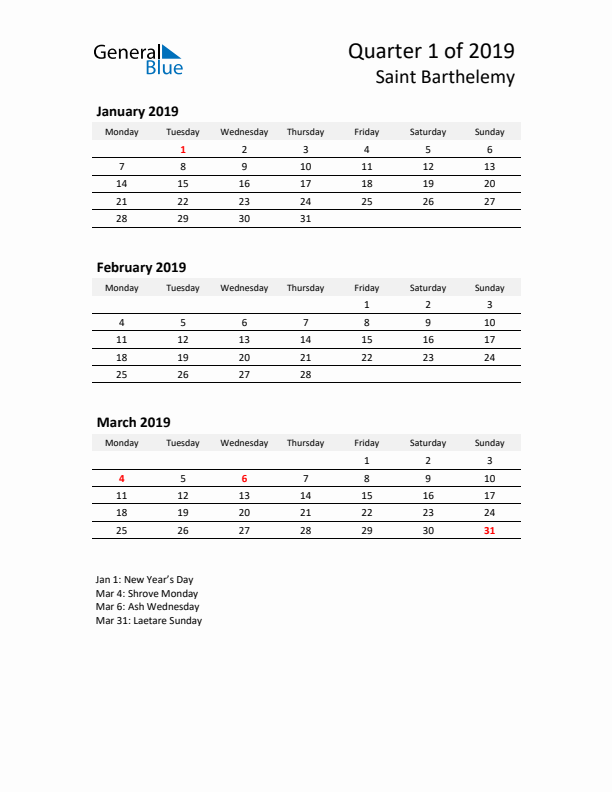 2019 Q1 Three-Month Calendar for Saint Barthelemy