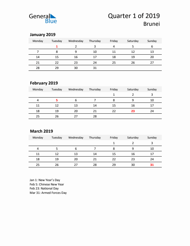 2019 Q1 Three-Month Calendar for Brunei