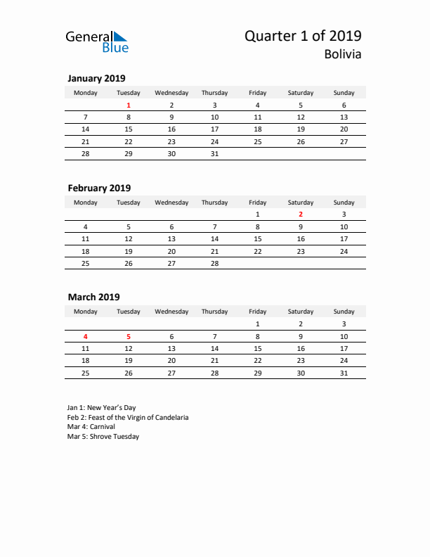 2019 Q1 Three-Month Calendar for Bolivia