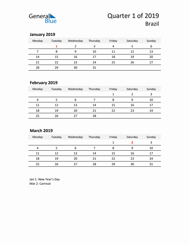 2019 Q1 Three-Month Calendar for Brazil