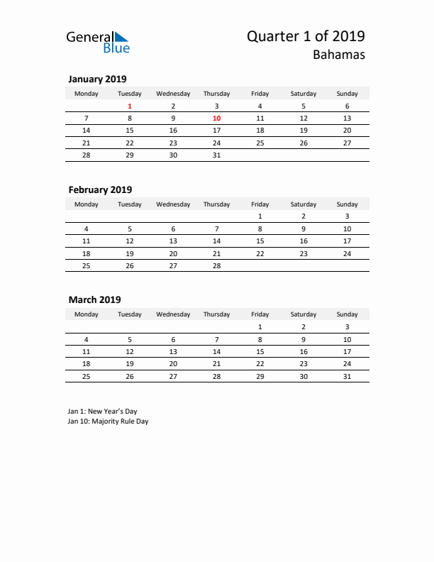 2019 Q1 Three-Month Calendar for Bahamas