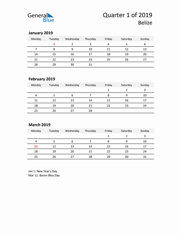 2019 Q1 Three-Month Calendar for Belize