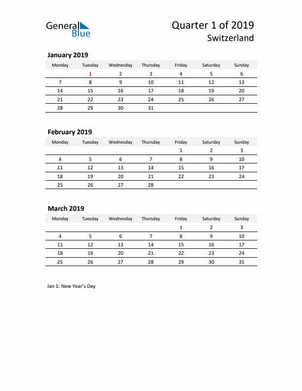 2019 Q1 Three-Month Calendar for Switzerland