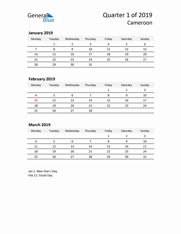 2019 Q1 Three-Month Calendar for Cameroon