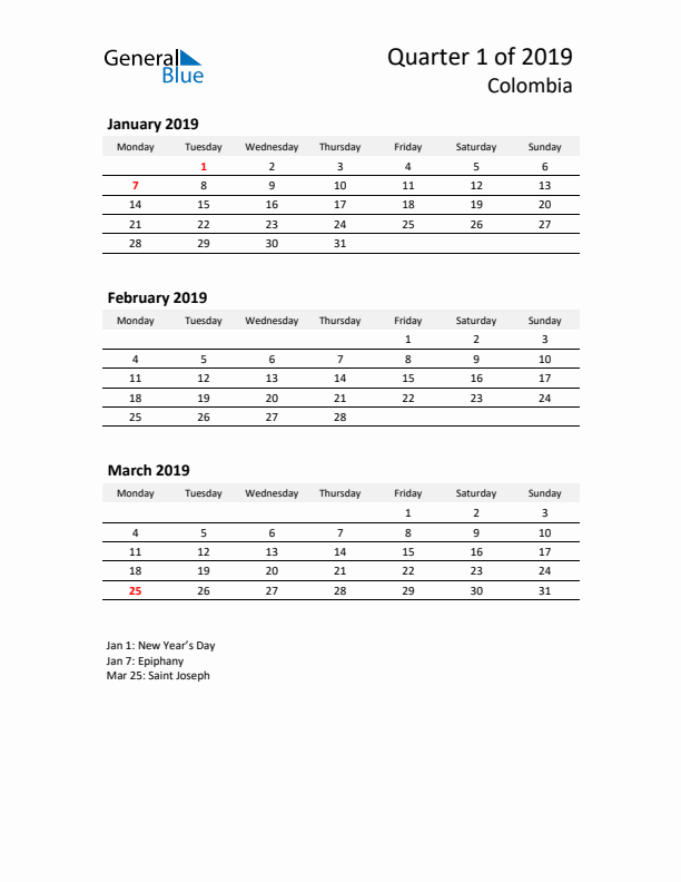 2019 Q1 Three-Month Calendar for Colombia