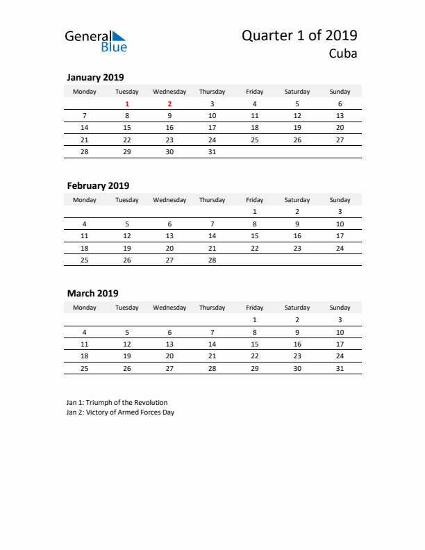 2019 Q1 Three-Month Calendar for Cuba