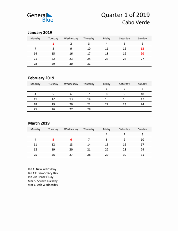 2019 Q1 Three-Month Calendar for Cabo Verde