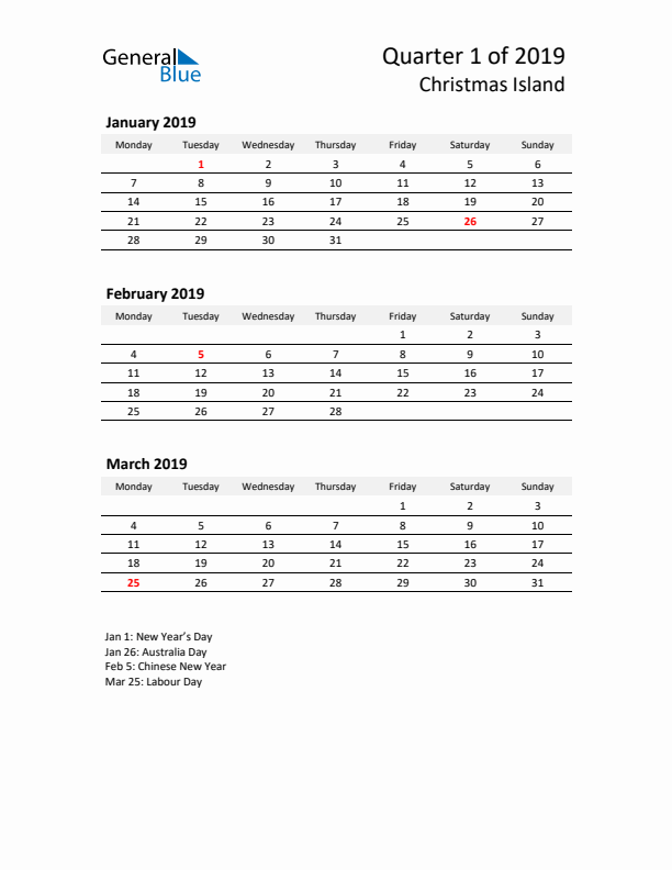 2019 Q1 Three-Month Calendar for Christmas Island