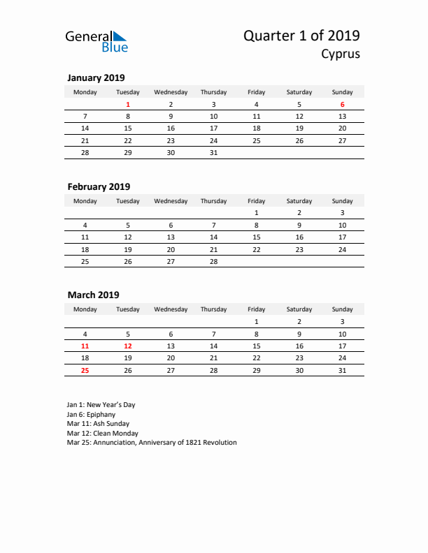 2019 Q1 Three-Month Calendar for Cyprus