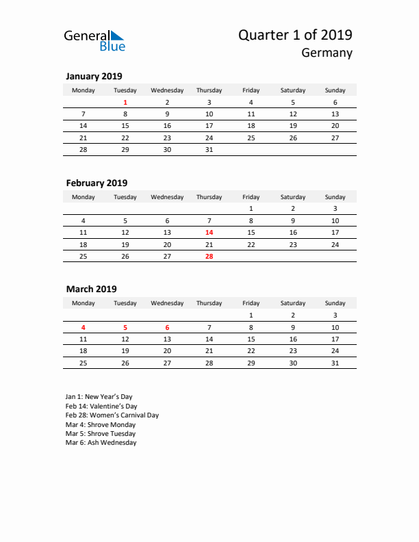 2019 Q1 Three-Month Calendar for Germany