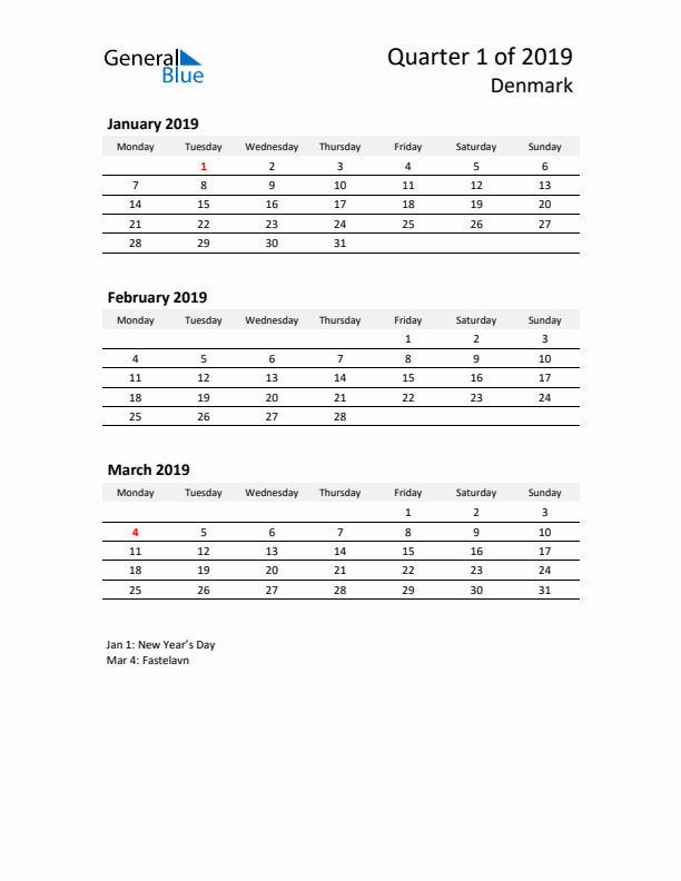 2019 Q1 Three-Month Calendar for Denmark