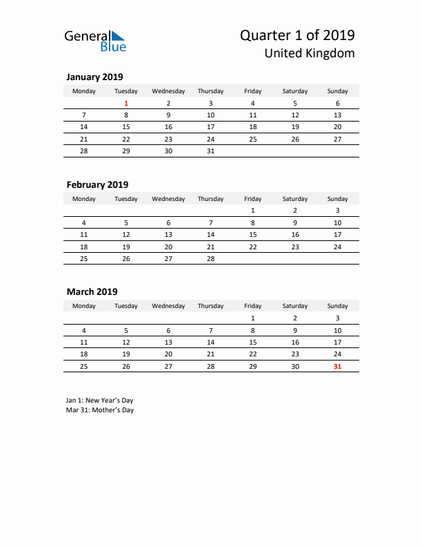 2019 Q1 Three-Month Calendar for United Kingdom