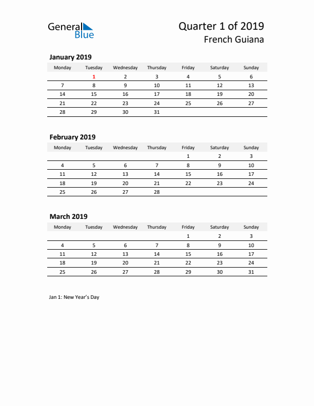 2019 Q1 Three-Month Calendar for French Guiana