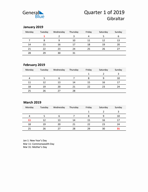 2019 Q1 Three-Month Calendar for Gibraltar