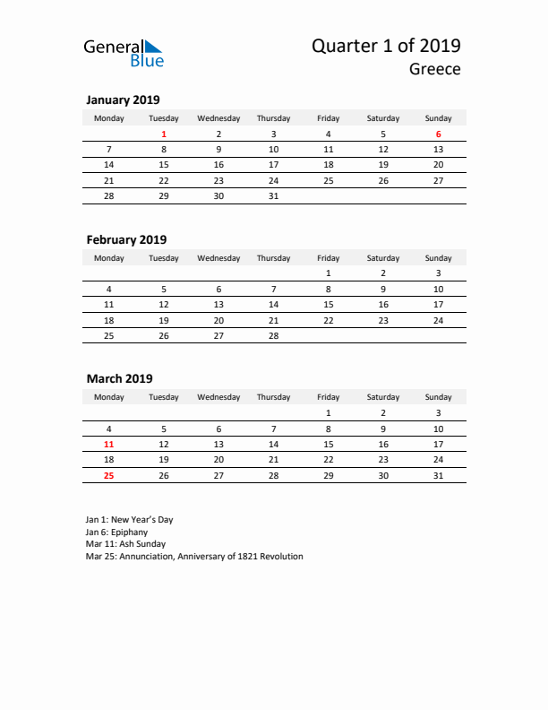 2019 Q1 Three-Month Calendar for Greece