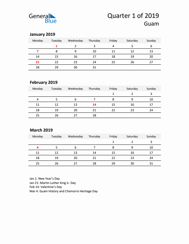 2019 Q1 Three-Month Calendar for Guam