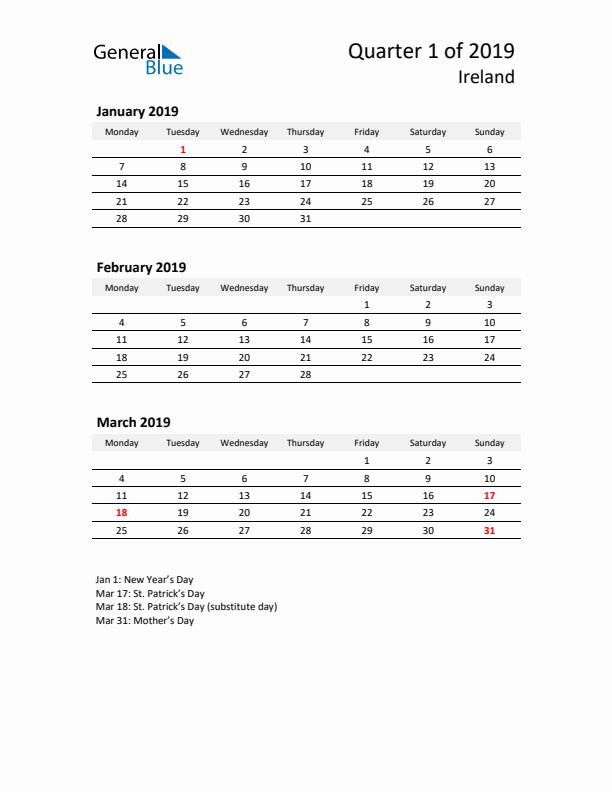 2019 Q1 Three-Month Calendar for Ireland