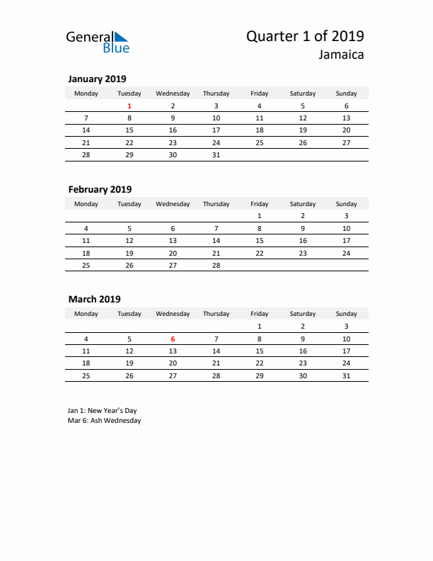 2019 Q1 Three-Month Calendar for Jamaica