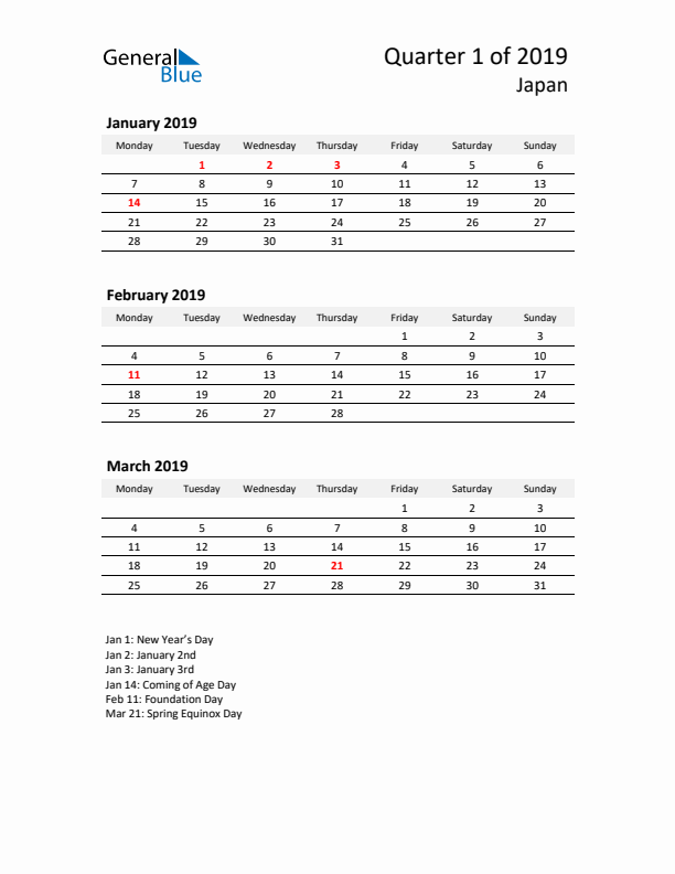 2019 Q1 Three-Month Calendar for Japan