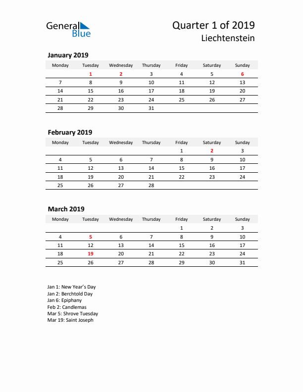 2019 Q1 Three-Month Calendar for Liechtenstein